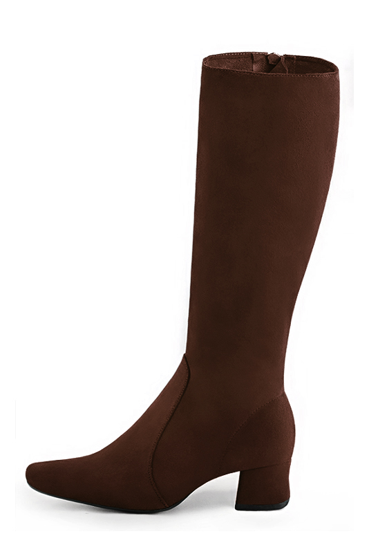 Dark brown women's feminine knee-high boots. Round toe. Low flare heels. Made to measure. Profile view - Florence KOOIJMAN